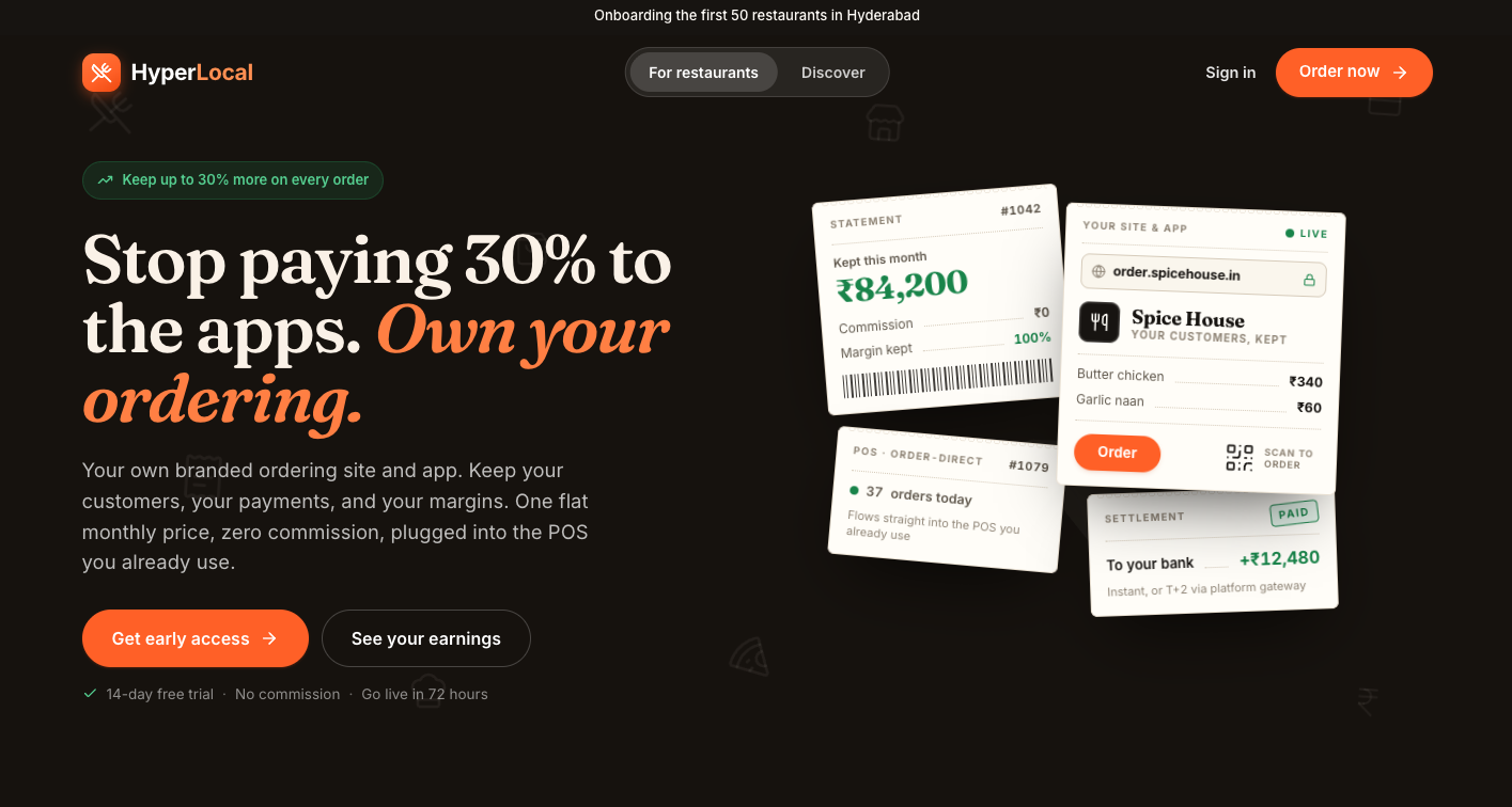 HyperLocal commission-free restaurant ordering platform