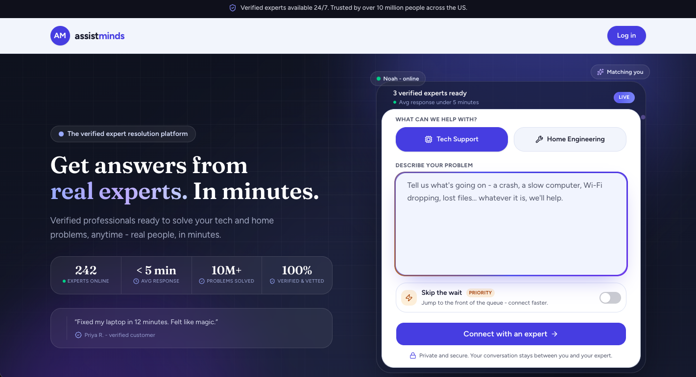 AssistMinds verified-expert resolution platform